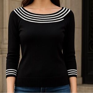 CABLE & GAUGE Black Boatneck Blouse Striped Trim Women’s Size S NWOT